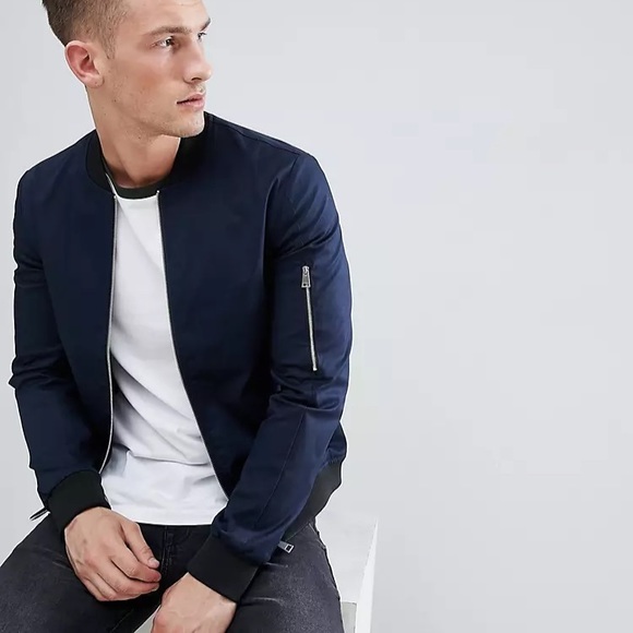 Navy Bomber Jacket with Baseball Collar - Picture 2 of 11